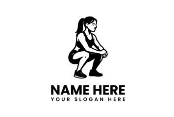 Dynamic silhouette logo of a strong woman performing a powerful squat, symbolizing fitness and an active lifestyle. Ideal graphic for gym, sports, and training branding