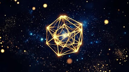 A mesmerizing geometric pattern in gold and white illuminated against a cosmic background, depicting a sacred geometry symbol with intricate triangular shapes and luminous energy radiating outward. - Powered by Adobe