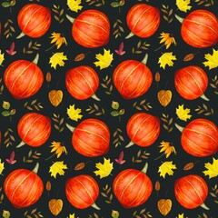 Hand drawn autumn seamless pattern with orange, autumn leaves. Watercolor on dark background.