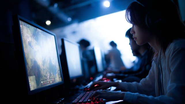 Young Woman Gaming at Esports Cyber Caf&eacute;