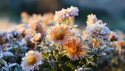 First Frost Close Up Shot Of Frozen Flowers In Autumn