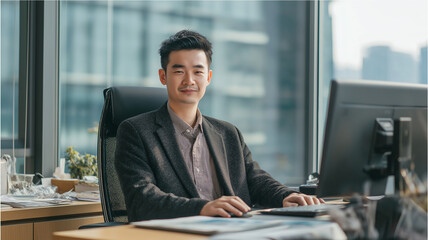 Confident Businessman Working at Office Desk