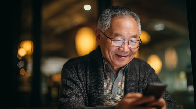 Senior Man Smiling While Using Smartphone Indoors