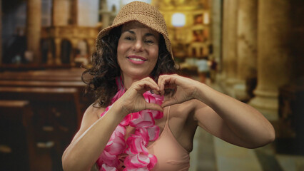 Woman making a heart gesture indoors, wearing a pink lei and hat, blending summer vibes with an...
