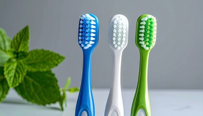 Four upright toothbrushes with white necks and colored handles on textured gray surface, evoking hygienic symmetry and everyday design.