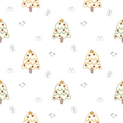 Christmas tree cartoon so cute. On gift box sock white background. Pattern seamless vector illustration. 