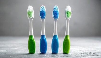 Four upright toothbrushes with white necks and colored handles on textured gray surface, evoking hygienic symmetry and everyday design.
