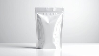 Plain white sealed pouch standing upright on neutral surface, evoking sterile minimalism and commercial anonymity.