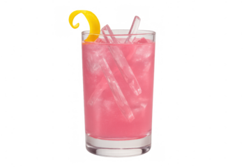Pink cocktail in a highball glass with ice, garnished with a lemon twist, refreshing cold drink for summer parties, transparent background