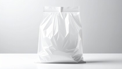 Plain white sealed pouch standing upright on neutral surface, evoking sterile minimalism and commercial anonymity.