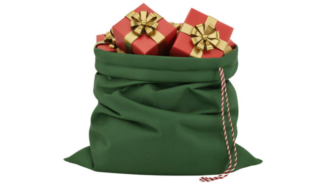 Overflowing Santa Sack Ready to Delight This Christmas Season Featuring Red Gifts with Golden Bows, Perfect for Holiday Cheer and Celebrations
