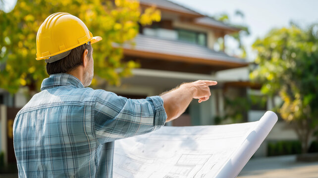 Construction Engineer Holding Blueprints and Pointing at Building