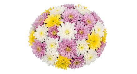 A beautiful spherical bouquet of colorful chrysanthemums including yellow, white, and pink flowers