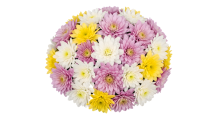 A beautiful spherical bouquet of colorful chrysanthemums including yellow, white, and pink flowers