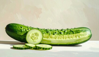 Partially sliced cucumber with visible seeds and textured skin on smooth surface, evoking freshness, simplicity, and culinary clarity.