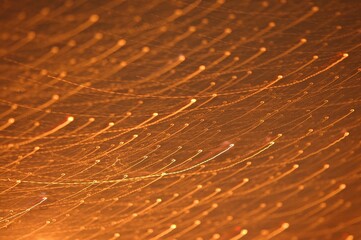 オレンジと黄色の細い線横向きで左から右へたくさん重なり合っている光線長時間露光の背景
