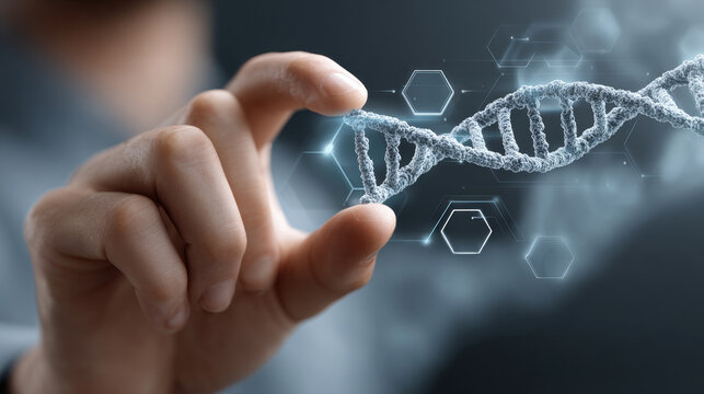 Synthetic Biology concept , biohacking synthetic gene code hand dna helix science with focused grip and futuristic mood