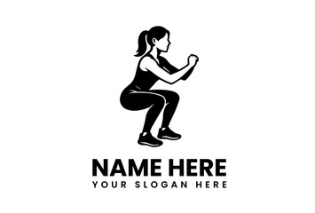 Obraz premium Fitness logo template featuring a woman in a squat position, perfect for gym or personal trainer branding