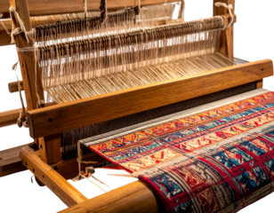  Close-up of a traditional wooden loom weaving colorful fabric, handmade textile craft