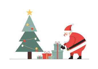 Santa Claus Placing Gifts Under Christmas Tree Illustration.