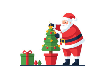 Santa Claus Decorating Christmas Tree with Gift and Small Trees.