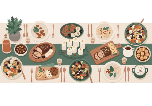 Festive Dinner Table Spread with Delicious Dishes and Decorations.