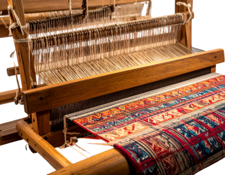  Close-up of a traditional wooden loom weaving colorful fabric, handmade textile craft