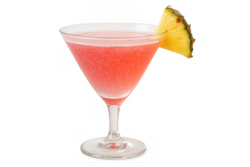 Pink refreshing cocktail in a martini glass with pineapple garnish, summer alcoholic drink, transparent background