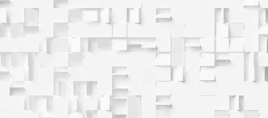 Randomly rotated white square flaps on white background wallpaper banner flat lay from above