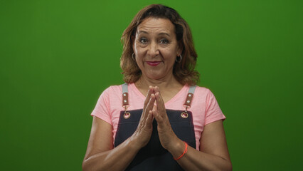Hispanic woman wearing pink shirt clasping hands in front of chest in green studio; calm confidence.