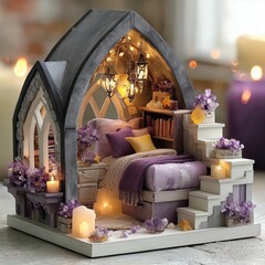 A small gothic-inspired bedroom decorated with amethyst crystals, lanterns, and candles, radiating warmth and charm.