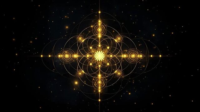 Intricate Geometric Pattern Featuring Radiant Golden Circles and a Central Bright Star for Mystical and Meditative Ambiance