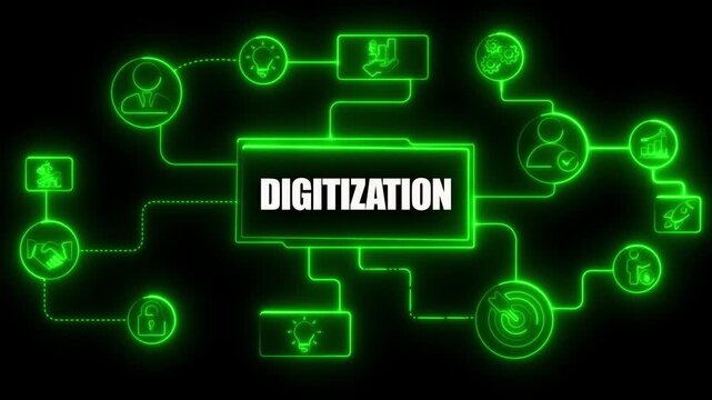 Digital Transformation Concept with Neon Green Network and Icons on Black Background digitization technology