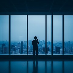 Fototapeta premium Person Talking on Phone Overlooking Cityscape From Office Building