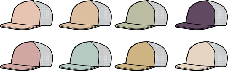 Collection of two-tone trucker hats with mesh backs, shown in a variety of soft, muted color palettes for apparel design