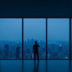 Fototapeta premium Person Talking on Phone Looking at City Skyline at Night