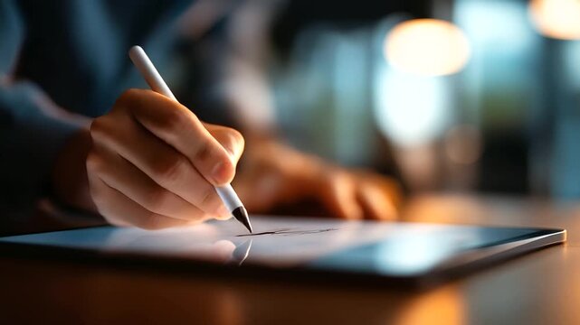 Executive using Apple Pencil stylus to sign electronic documents on iPad Pro transitioning to paperless workflow in modern dimly lit office. electronic signature digital