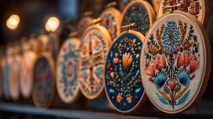 Fototapeta premium Multiple colorful embroidery designs in wooden hoops with mixed patterns