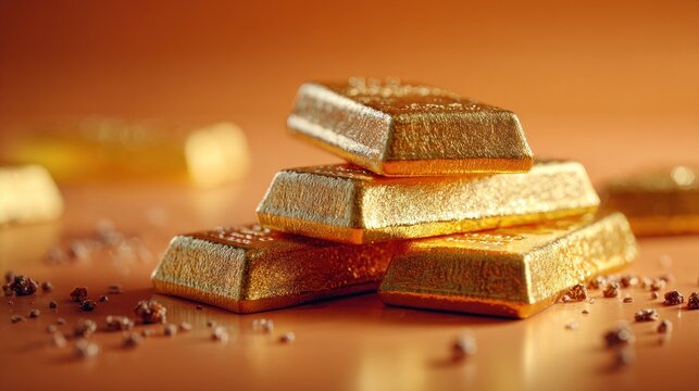 Stack of smooth gold bars with vibrant golden surfaces and warm lighting