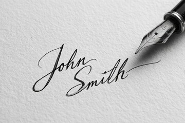 Professional handwritten signature in elegant cursive script on white paper with fountain pen creating refined calligraphy