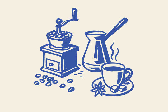 blue coffee grinder, cup, beans, cezve clip art preview