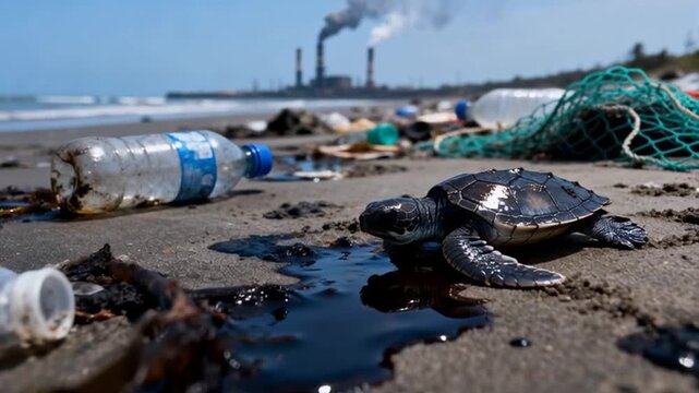 A tiny baby turtle struggles across a trash strewn shore, perfect for wildlife conservation day