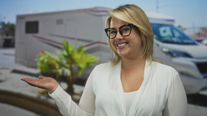 Smiling blonde woman points finger at open hand before a white van in urban sunlit street;...