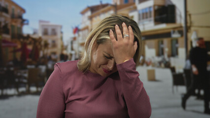 Fototapeta premium Woman holds head with hand on forehead in busy street with outdoor cafe tables and urban buildings visible; distress headache.
