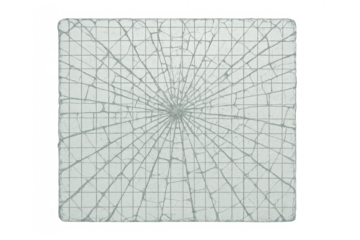 Shattered safety glass breaking into spider web pattern after impact, creating textured damage on transparent background
