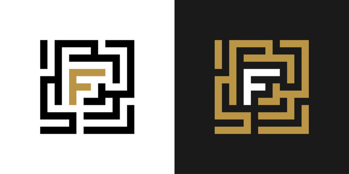 Geometric Font. Square labyrinth alphabet, geometric letter F, unique puzzle font for creative logos. Abstract labyrinth typography design.
