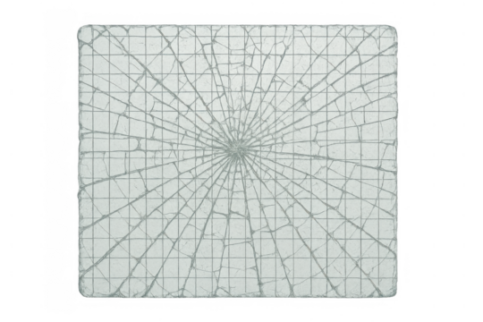 Shattered safety glass breaking into spider web pattern after impact, creating textured damage on transparent background