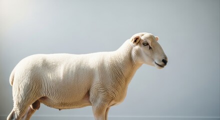 A close-up profile of a white sheep standing against a plain, light-colored background.