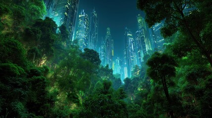 A low-angle view from a dense forest looking up at a futuristic city skyline with tall, glowing skyscrapers. Concept of green technology, sustainable living, and harmony between nature and city