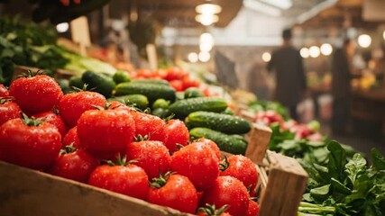Fresh Vegetables Display Featuring Red Tomatoes Green Cucumbers and Spinach at a Market Stand with Blurry People and Overhead Lighting Backgrounds During a Daytime Fair